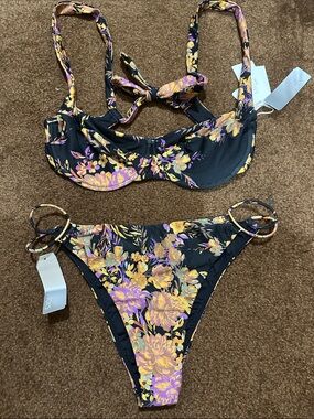 Floral Black Two-Piece Bikini Set with Purple & Yellow Flowers